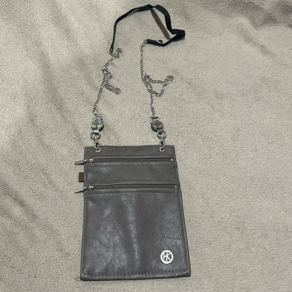 Hipklips EMF Lined Gray Faux Leather Clip-On Crossbody Phone Bag Pouch Chain